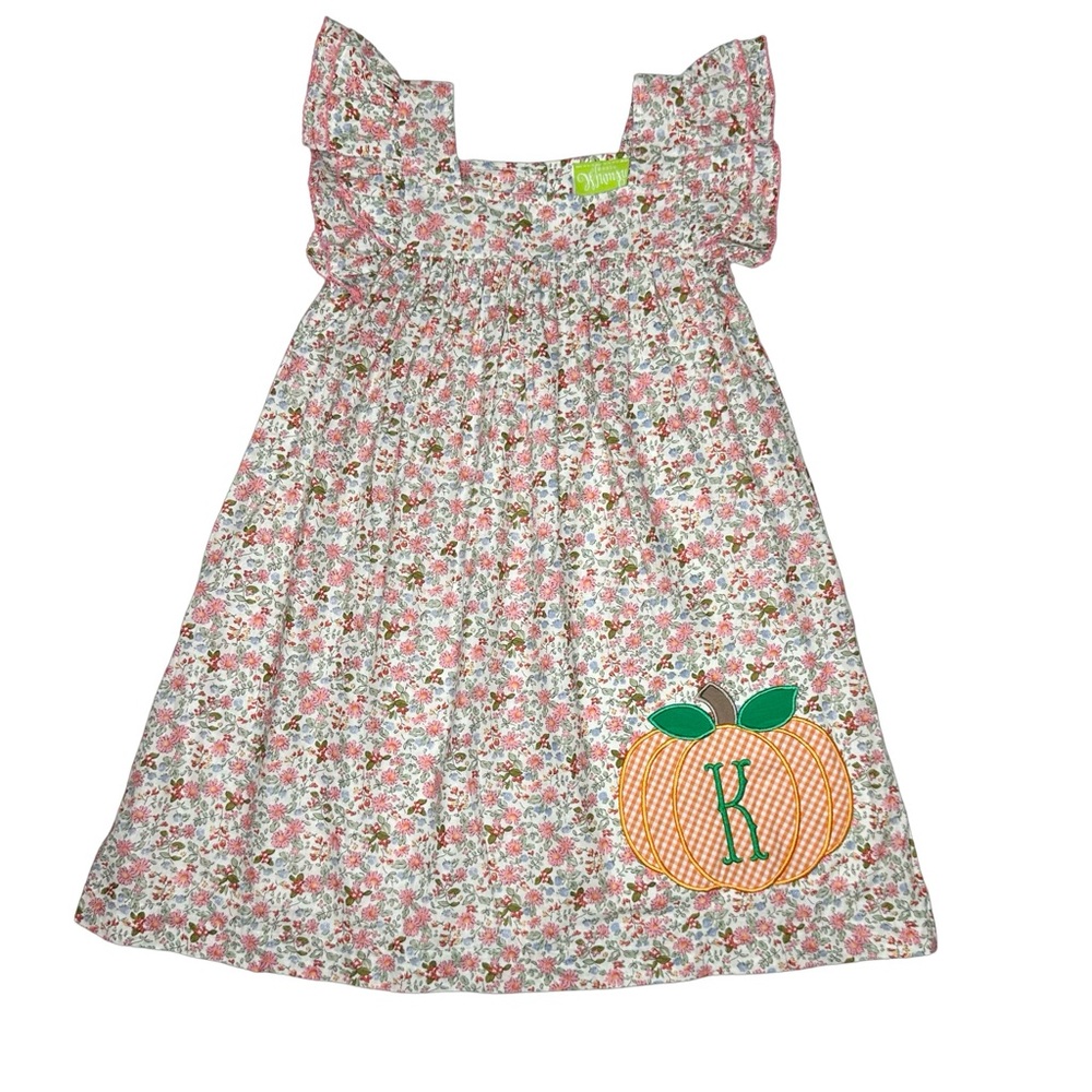 Classic Whimsy Pink Floral Pumpkin Poppy Dress- Monogrammed ‘K’
